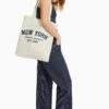 BERSHKA PRINTED CANVAS - Shopping Bag - Beige