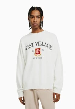 BERSHKA EMBROIDERED VARSITY - Strickpullover - Off-white