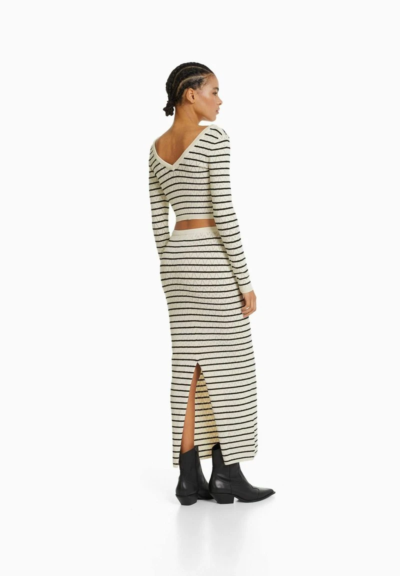 BERSHKA STRIPED OPEN V NECK - Strickpullover - Beige 4 BERSHKA STRIPED OPEN V NECK - Strickpullover - Beige – Bild 2