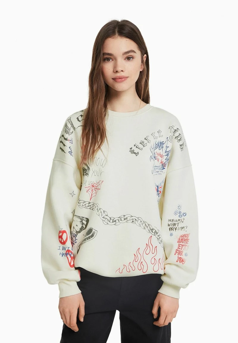 BERSHKA ROUND NECK PRINTED - Sweatshirt - Beige 3 BERSHKA ROUND NECK PRINTED - Sweatshirt - Beige