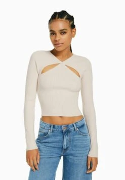 BERSHKA CUT-OUT DOUBLE-BREASTED - Strickpullover - Beige