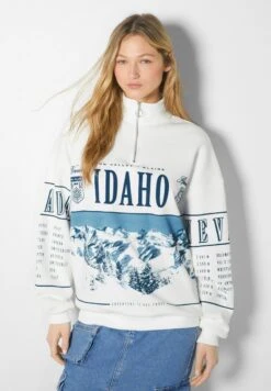 BERSHKA HIGH NECK ZIP-PRINT - Sweatshirt - White