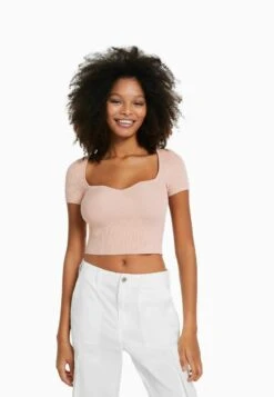 BERSHKA SHORT SLEEVE WITH SWEETHEART - T-Shirt Basic - Pink