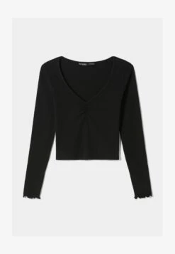 BERSHKA GATHERED V-NECK - Langarmshirt - Black -Bershka Verkaufsgeschäft 26cdce12ad6a43f4b2db1f1d2b497a3f