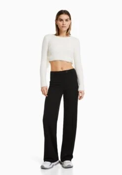 BERSHKA WIDE LEG TAILORED - Stoffhose - Black