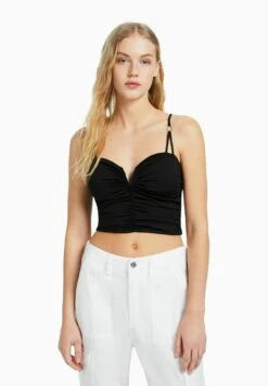 BERSHKA GATHERED WITH NECKLINE DETAIL - Top - Black