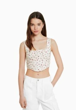 BERSHKA CROPPED POINTELLE STRAPPY - CORSET - Top - Beige