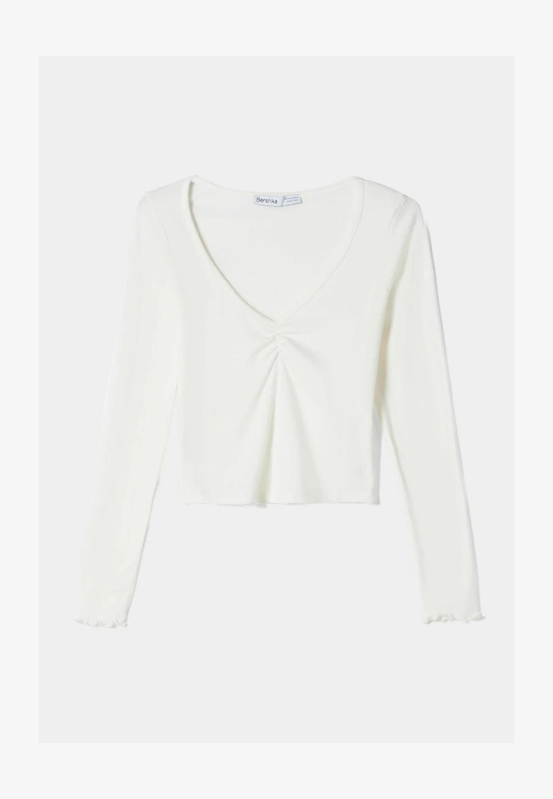 BERSHKA GATHERED V-NECK - Langarmshirt - White 7 BERSHKA GATHERED V-NECK - Langarmshirt - White – Bild 5