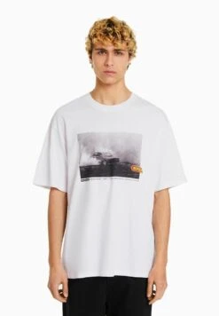 BERSHKA RACING - T-Shirt Print - Off White