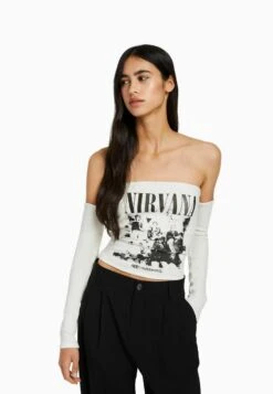 BERSHKA NIRVANA LONG SLEEVE BANDEAU - Bluse - Off-white