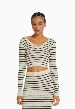 BERSHKA STRIPED OPEN V NECK - Strickpullover - Beige 11 BERSHKA STRIPED OPEN V NECK - Strickpullover - Beige -Bershka Verkaufsgeschäft 480dbd21716d424698d70b987c520497