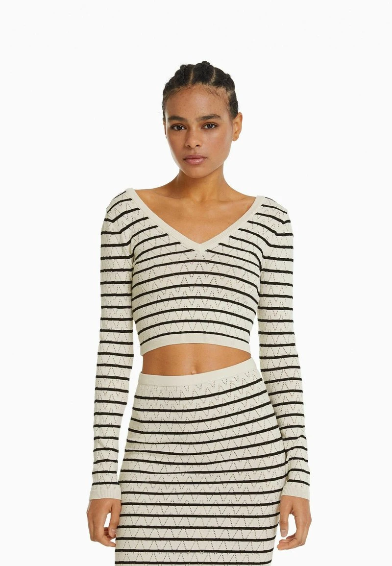 BERSHKA STRIPED OPEN V NECK - Strickpullover - Beige 6 BERSHKA STRIPED OPEN V NECK - Strickpullover - Beige – Bild 4