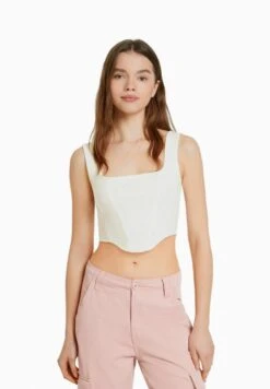 BERSHKA CROPPED POINTELLE STRAPPY - CORSET - Top - Off White