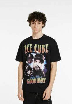 BERSHKA BOXY FIT SHORT SLEEVE WITH ICE CUBE - T-Shirt Print - Black