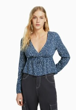 BERSHKA FLORAL PRINT WITH BOW - Bluse - Royal Blue