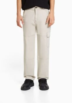 BERSHKA WIDE LEG WITH CONTRAST SEAMS - Cargohose - Beige