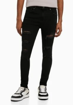 BERSHKA SUPER RIPPED - Jeans Slim Fit - Black