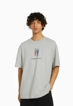 BERSHKA SHORT SLEEVE - T-Shirt Print - Stone