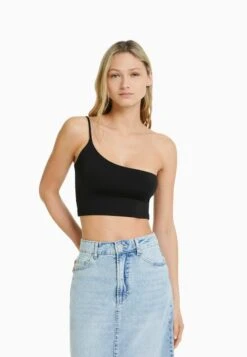 BERSHKA ASYMMETRIC STRAPPY-CROP - Top - Black