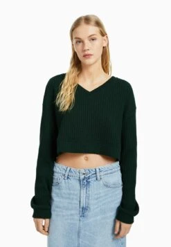BERSHKA V-NECK - Strickpullover - Evergreen