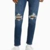 BERSHKA RIPPED CARROT FIT - Jeans Slim Fit - Dark Blue