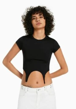 BERSHKA SHORT SLEEVE WITH DETAIL - T-Shirt Print - Black