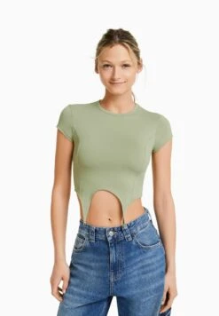 BERSHKA SHORT SLEEVE WITH DETAIL - T-Shirt Print - Khaki