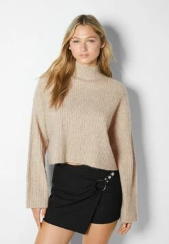 BERSHKA MOCK-NECK - Strickpullover - Sand