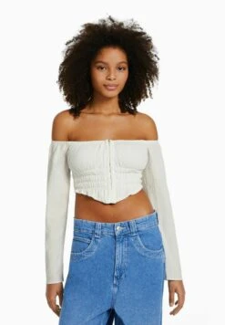 BERSHKA LONG SLEEVE TEXTURED OFF-THE-SHOULDER - Bluse - Beige