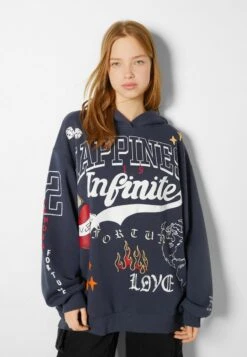 BERSHKA PRINTED - Kapuzenpullover - Dark Blue