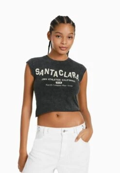 BERSHKA SHORT SLEEVE - T-Shirt Print - Dark Grey