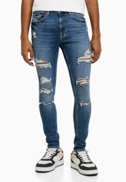 BERSHKA SUPER RIPPED - Jeans Slim Fit - Dark Blue
