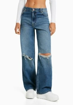 BERSHKA WIDE-LEG RIPPED - Flared Jeans - Dark Blue