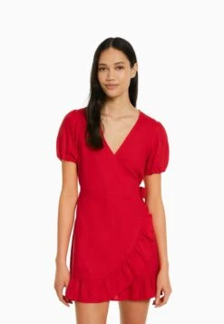 BERSHKA SHORT SLEEVES WITH RUFFLES - Freizeitkleid - Red