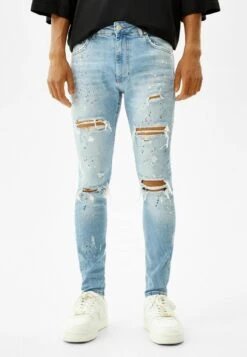 BERSHKA RIPPED - Jeans Skinny Fit - Lightblue Denim
