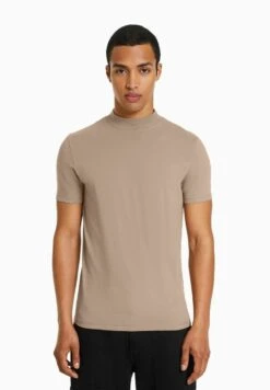 BERSHKA SHORT SLEEVE MOCK NECK - T-Shirt Basic - Brown
