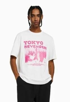 BERSHKA SHORT SLEEVE BOXY FIT - T-Shirt Print - Off White