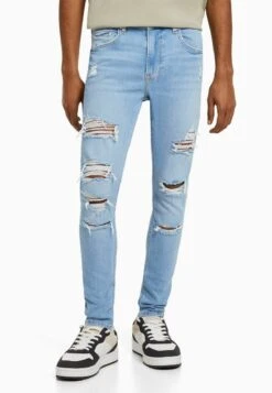 BERSHKA SUPER RIPPED - Jeans Slim Fit - Light Blue Denim
