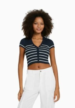 BERSHKA SHORT SLEEVE - Strickjacke - Dark Blue