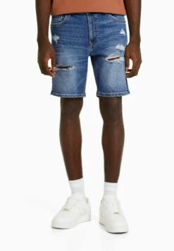 BERSHKA RIPPED - BERMUDA - Jeans Shorts - Dark Blue