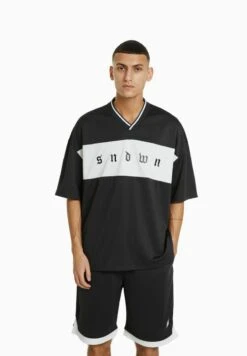 BERSHKA LOOSE FIT WITH SHORT SLEEVE - T-Shirt Print - Grey