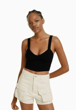 BERSHKA CARGO - Jeans Shorts - White