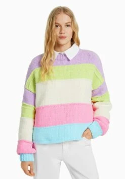 BERSHKA STRIPES - Strickpullover - Mauve
