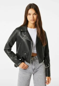 BERSHKA Kunstlederjacke - Black