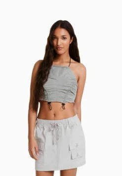 BERSHKA EFFECT HALTERNECK WITH STOPPERS - CROP - Bluse - Mottled Light Grey