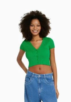 BERSHKA SHORT SLEEVE - Strickjacke - Evergreen