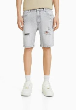BERSHKA RIPPED - BERMUDA - Jeans Shorts - Mottled Dark Grey