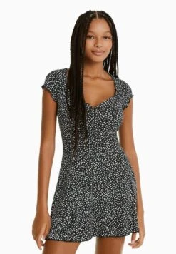 Bershka Verkaufsgeschäft 2 BERSHKA PRINTED SHORT SLEEVES WITH NECKLINE–MINI - Freizeitkleid - Black