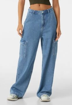 BERSHKA CARGO - Jeans Relaxed Fit - Dark Blue