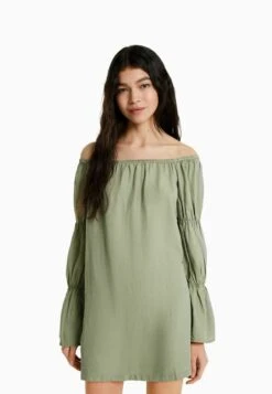 BERSHKA LONG SLEEVE GATHERED MINI - Freizeitkleid - Khaki